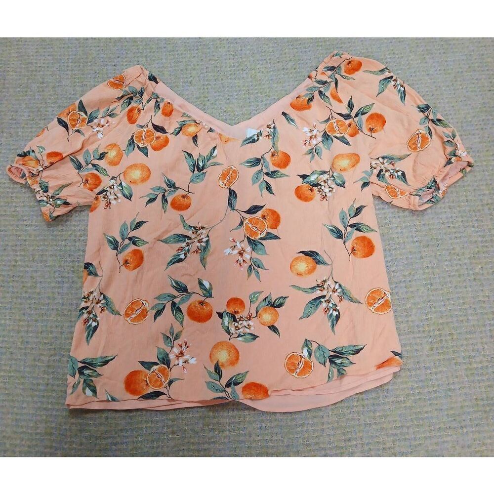 Ann Taylor womens medium boat neck orange printed peach blouse top